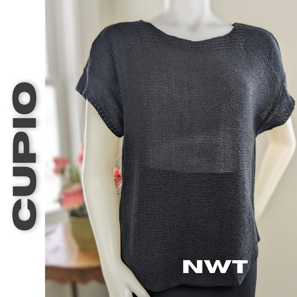 Cupio Short Sleeve Sweater XL Black Open Loose Knit Layering Modern Uptown NEW